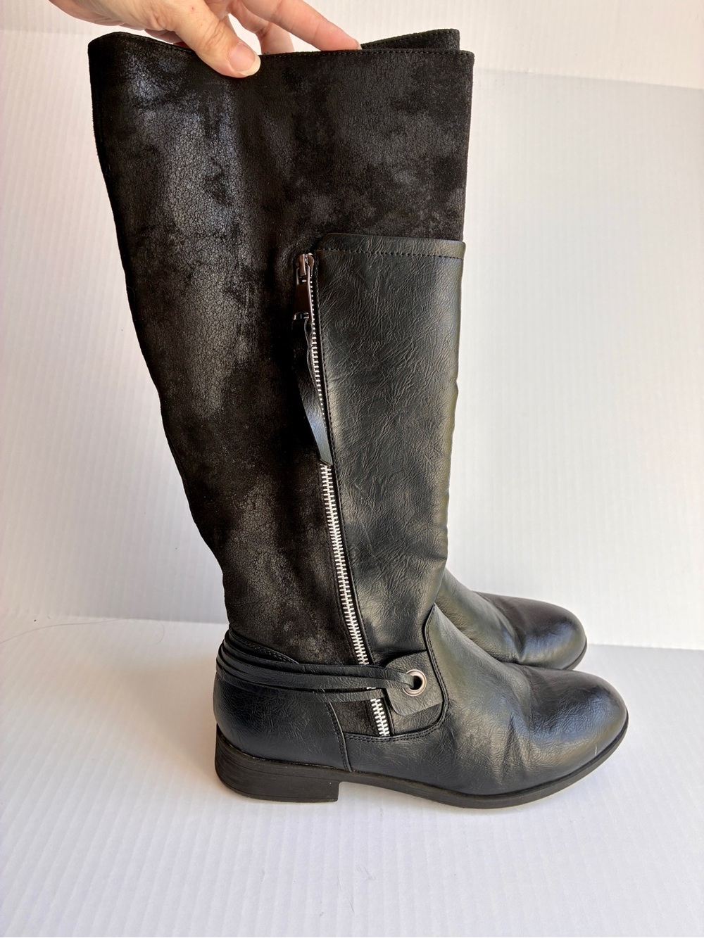 Pierre Dumas Black Knee-high Mixed-Material Boots with Side Zip